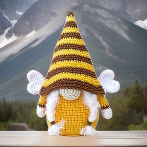 Gnome Bee Plush Butterfly Wings White Braids Yellow Brown Crochet Doll Gift New